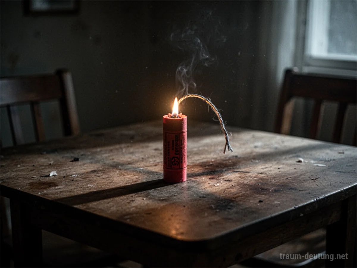Dynamitstange mit glimmender Lunte auf einem Tisch