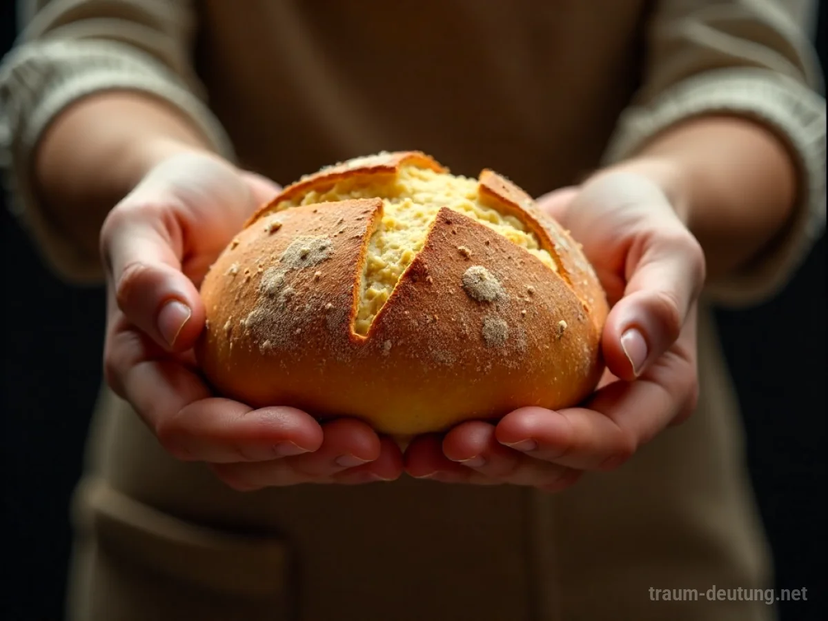 Hände reichen frisch gebackenes Brot an andere Hände
