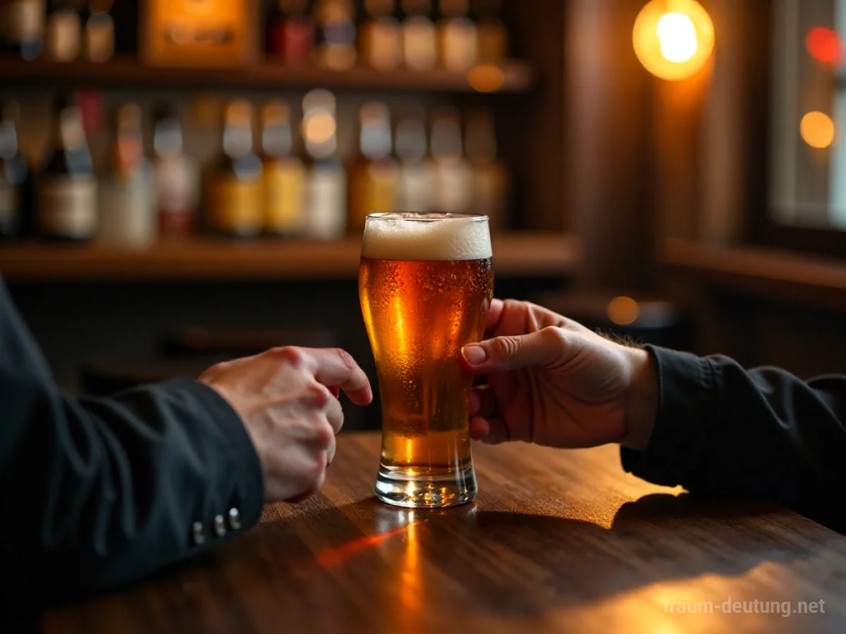 Hand reicht ein Bierglas über einen Tisch zu einer anderen Hand