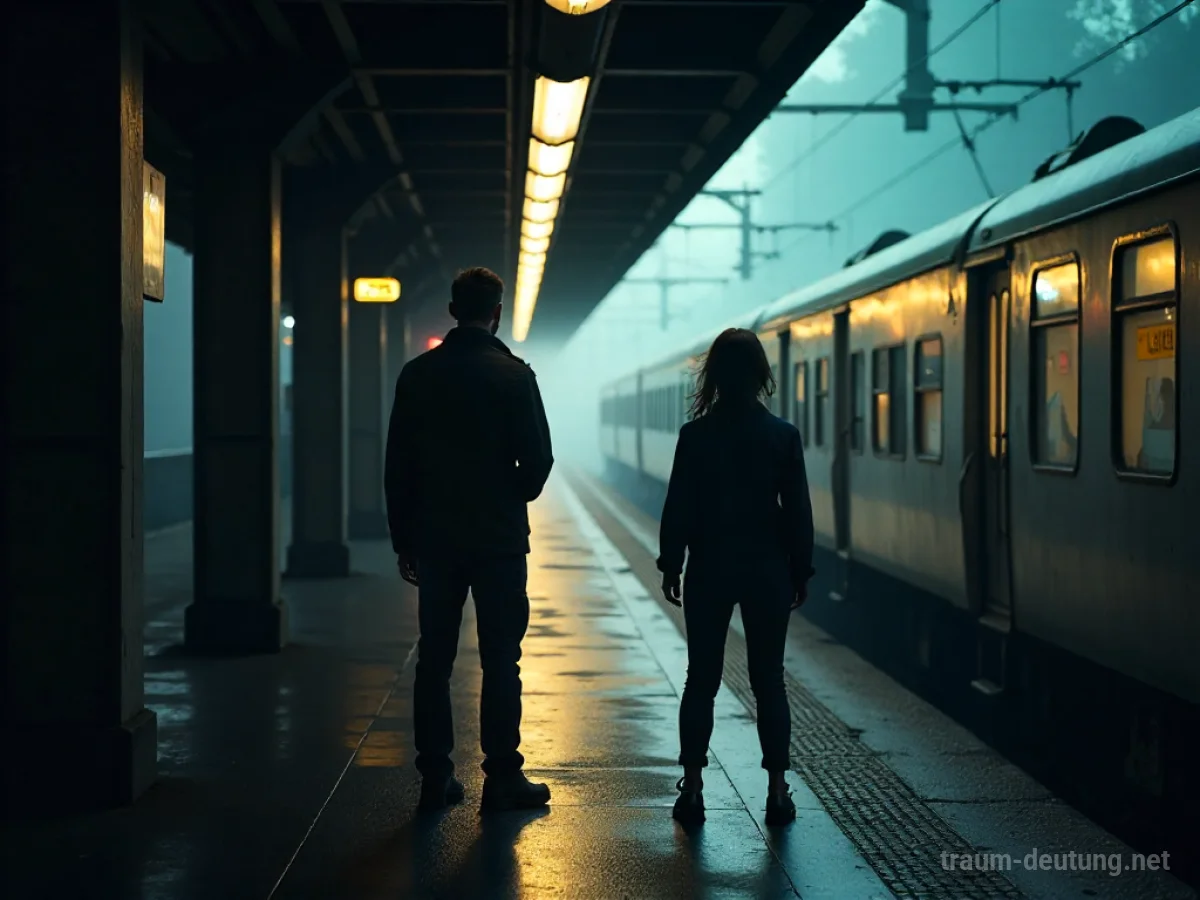 Zwei Silhouetten stehen auf einem Bahnsteig, eine Person ist etwas abgewandt.