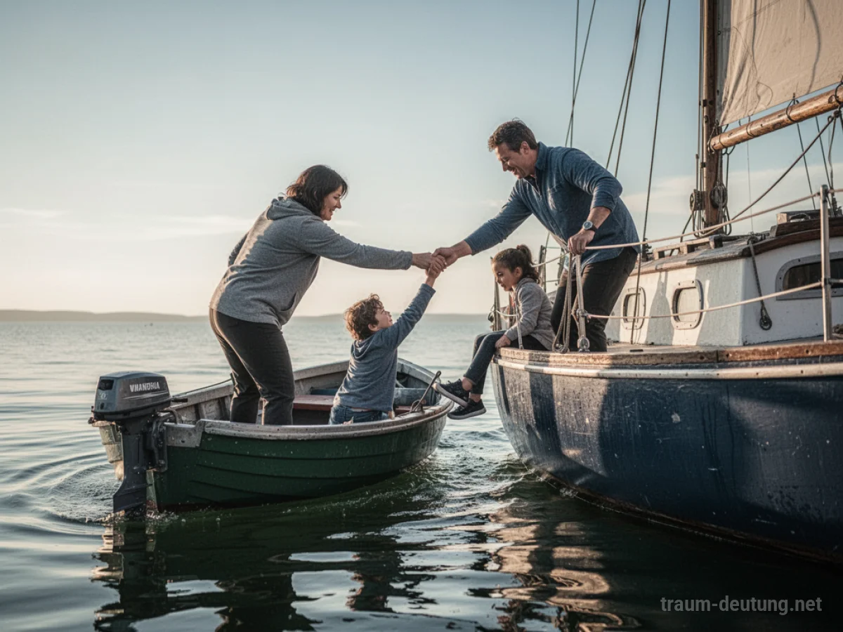 Eine Person zieht eine andere aus einem kleinen Boot in ein größeres Schiff an ruhigem Wasser.