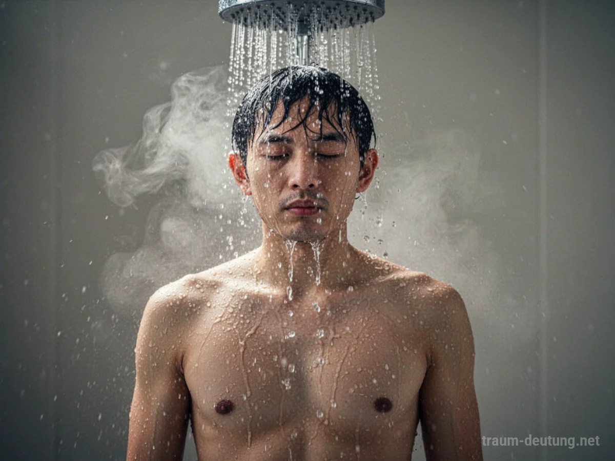 Person steht unter kalter Dusche, Wasser spritzt.