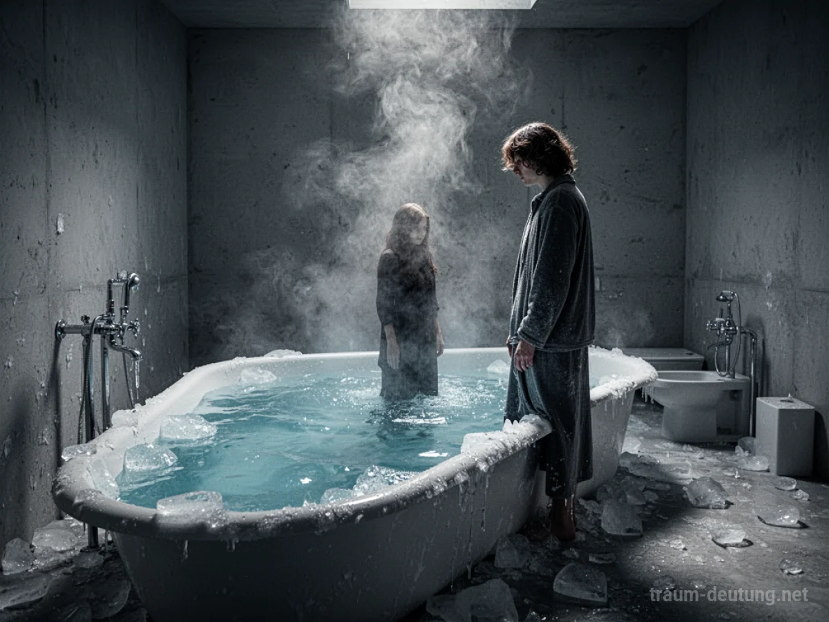 Eine Person steht am Rand einer Badewanne mit eisblauem, kaltem Wasser.
