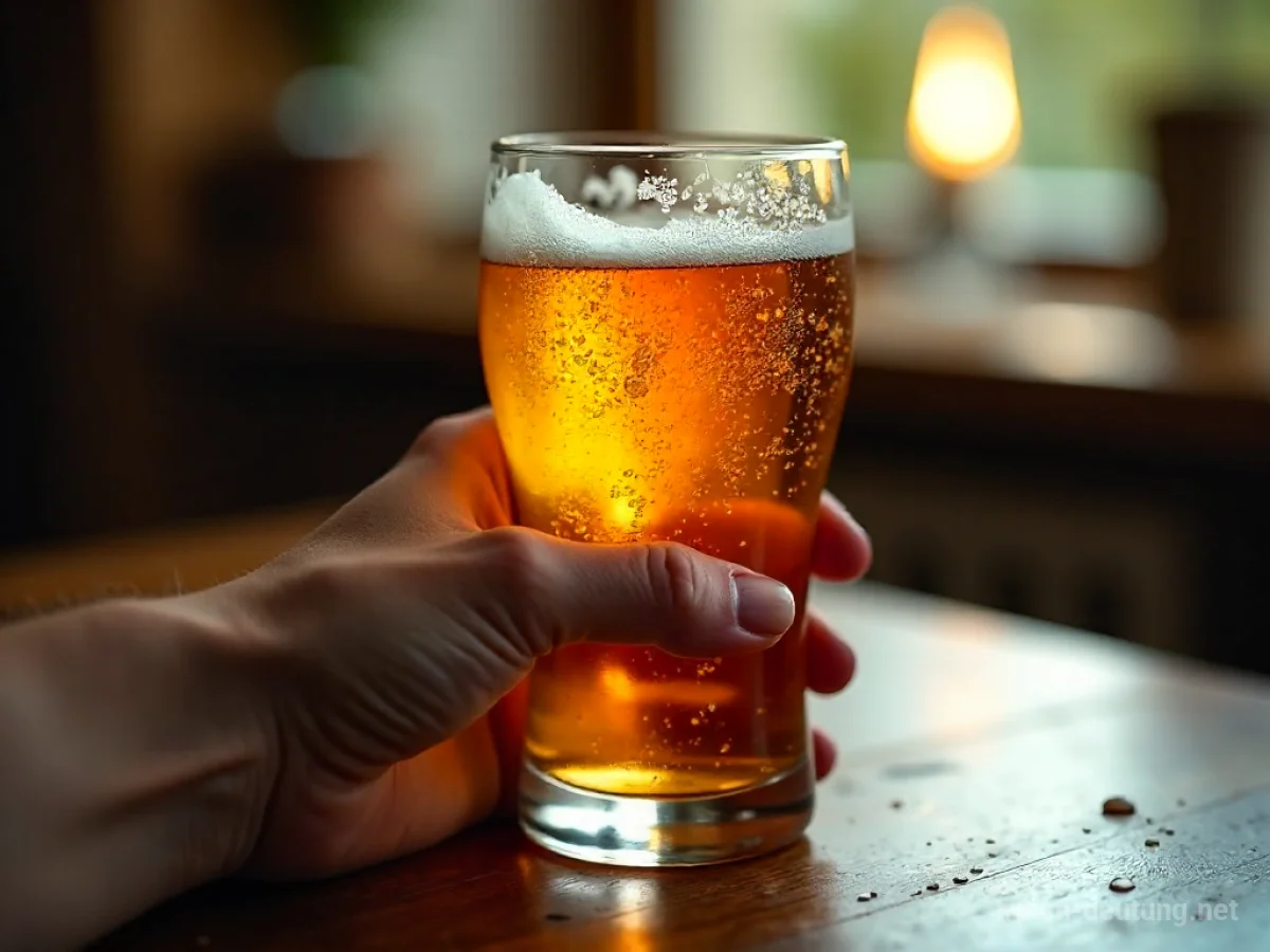 Glas mit kaltem Bier in einer Hand, leichter Dampf steigt auf.