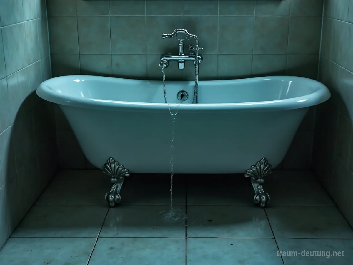Kaputte Badewanne mit tropfendem Wasser in einem dunklen Badezimmer.