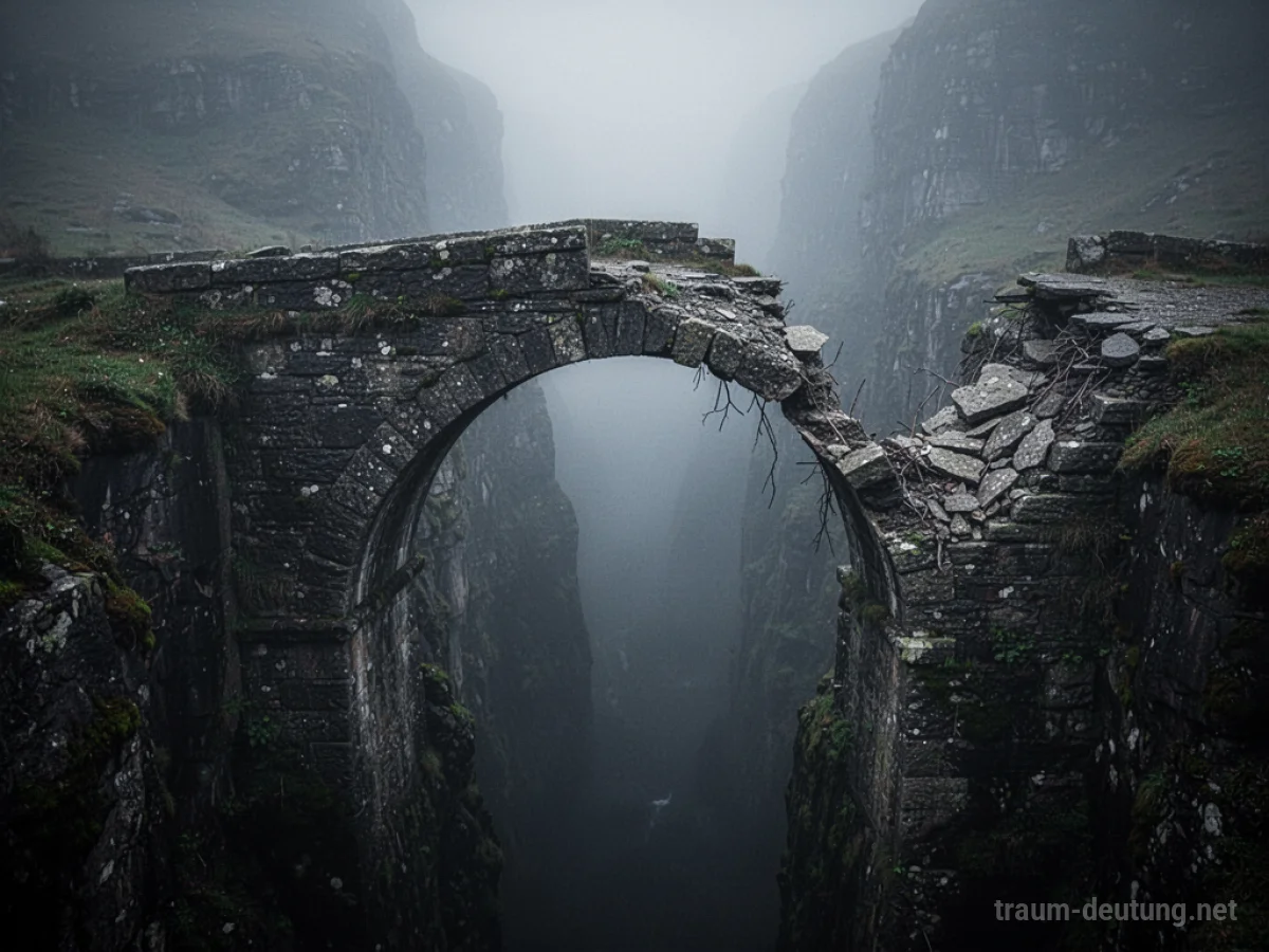 Kaputte Brücke über einer dunklen Schlucht im Traum