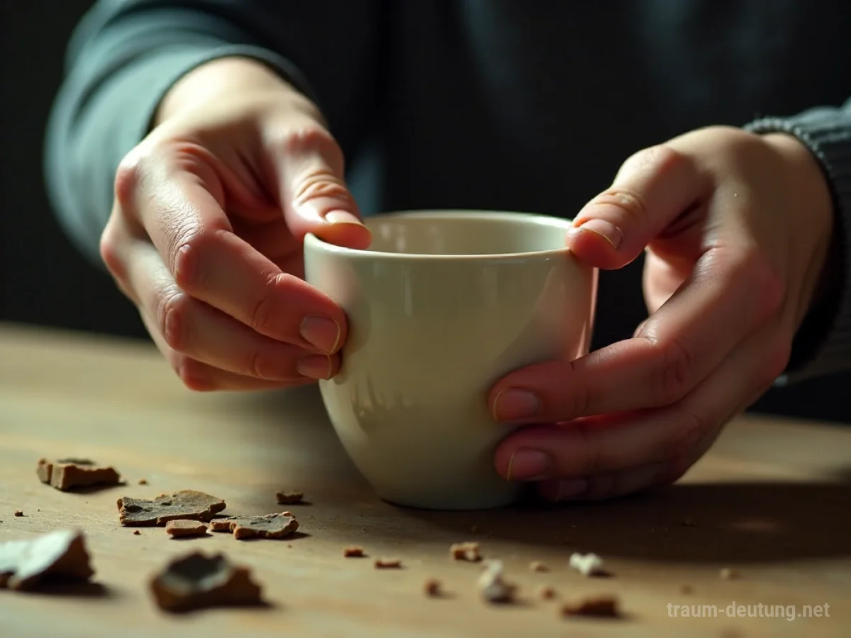 Hände reparieren einen zerbrochenen Becher mit Kleber.