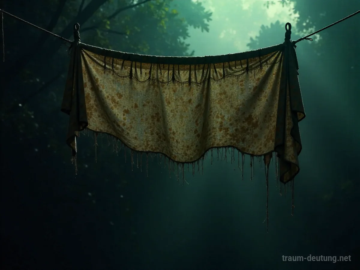 Ein zerrissener Baldachin mit losen Fäden im Halbdunkel