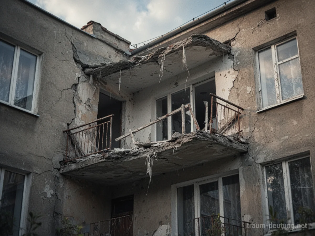 Ein teilweise eingestürzter Balkon mit Rissen im Beton und fehlenden Geländern.