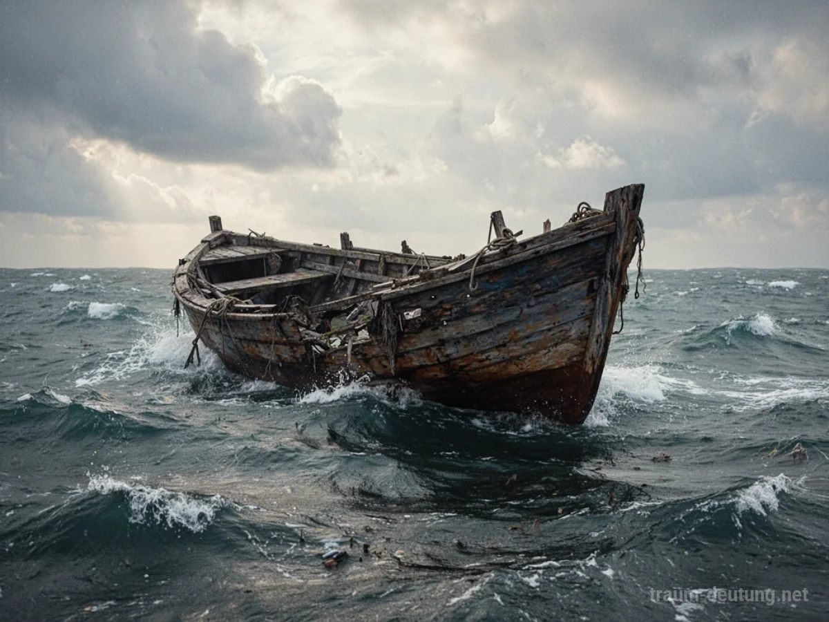 Ein altes, beschädigtes Boot treibt auf stürmischer See.