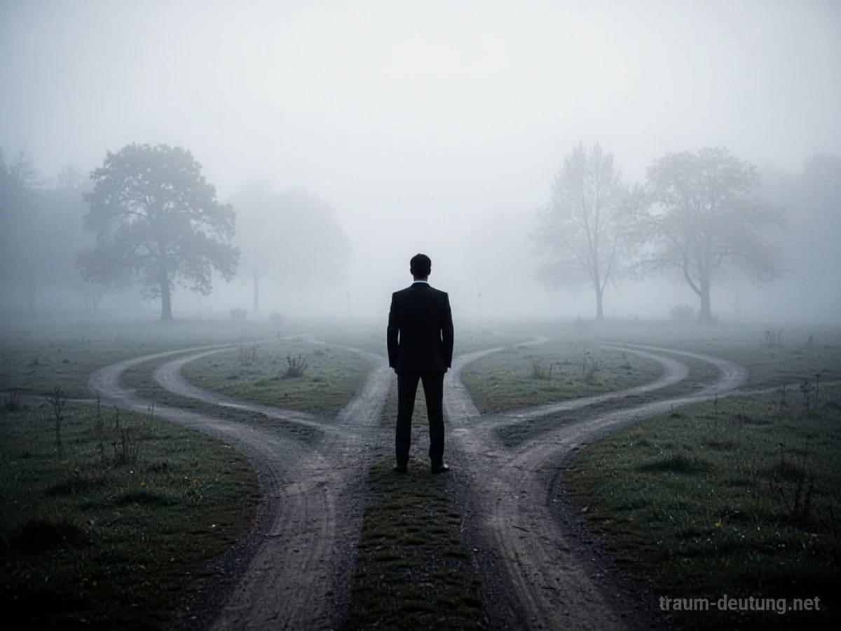 Silhouette einer Person an einer Weggabelung mit mehreren unsicheren Pfaden.