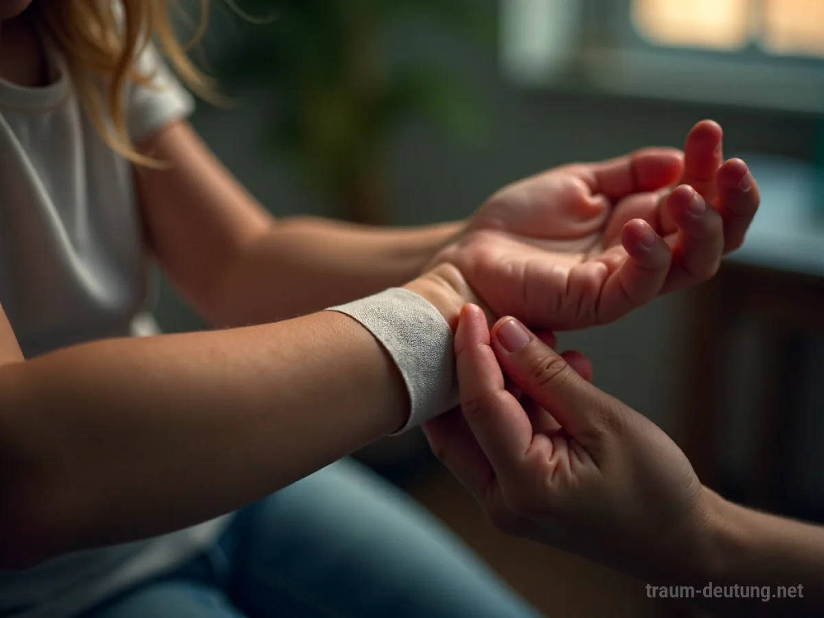 Hand legt einem Kind vorsichtig eine Binde an den Arm.