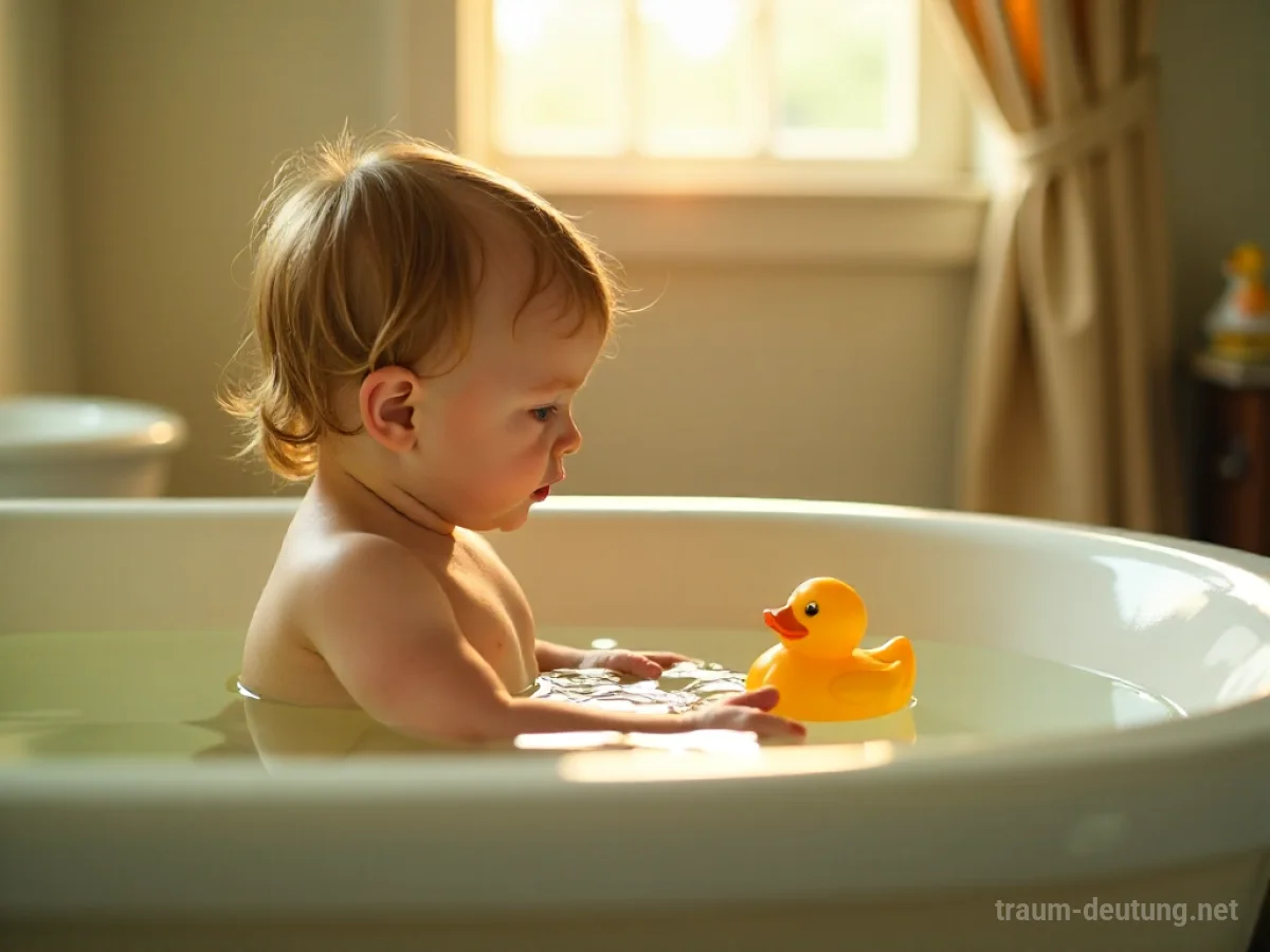 Ein Kind sitzt in einer Badewanne und spielt mit einem Spielzeug.