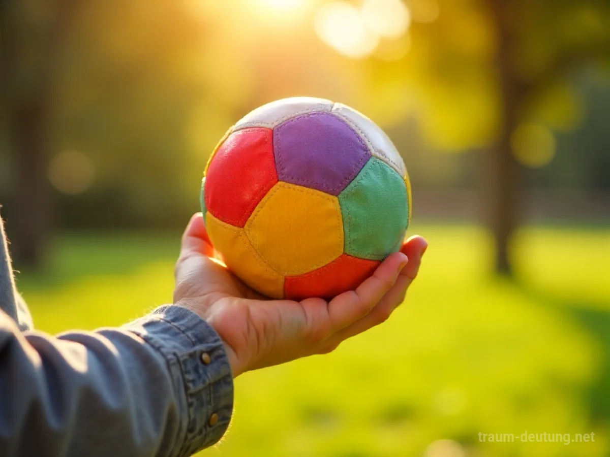 Kind spielt mit einem bunten Ball in einem sonnigen Park.
