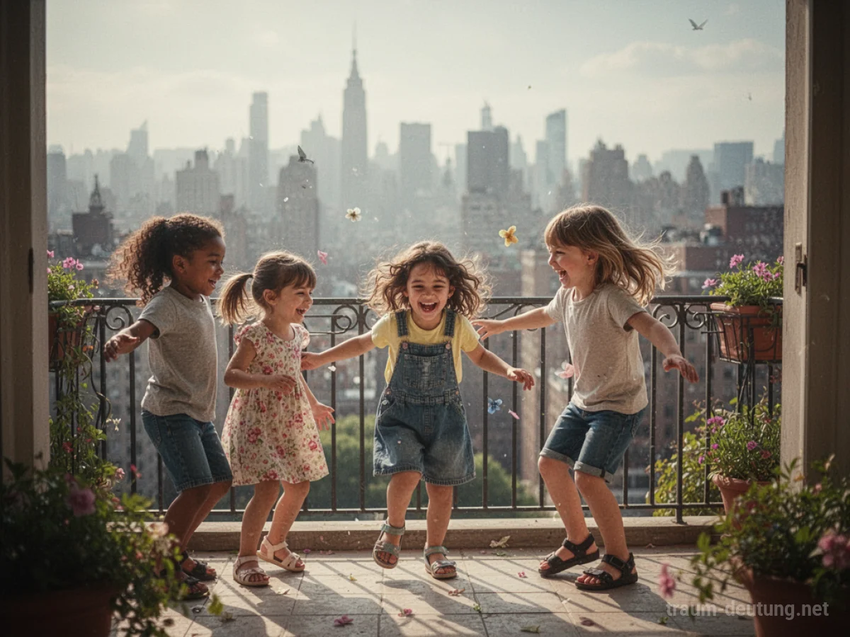 Kinder lachen und spielen auf einem sonnigen Balkon mit Blick auf eine Stadt.