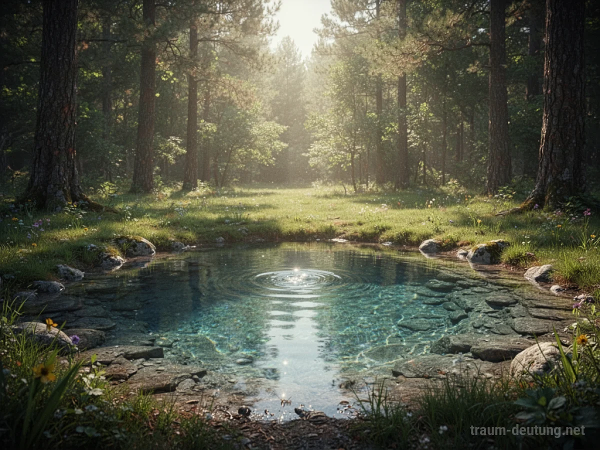Klarer Brunnen mit spiegelnder Wasseroberfläche im Wald
