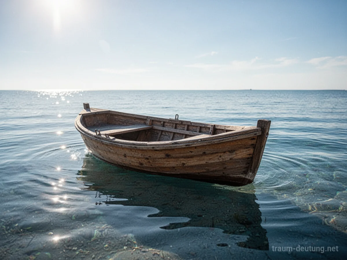 Ein kleines Ruderboot auf ruhigem Wasser unter klarem Himmel