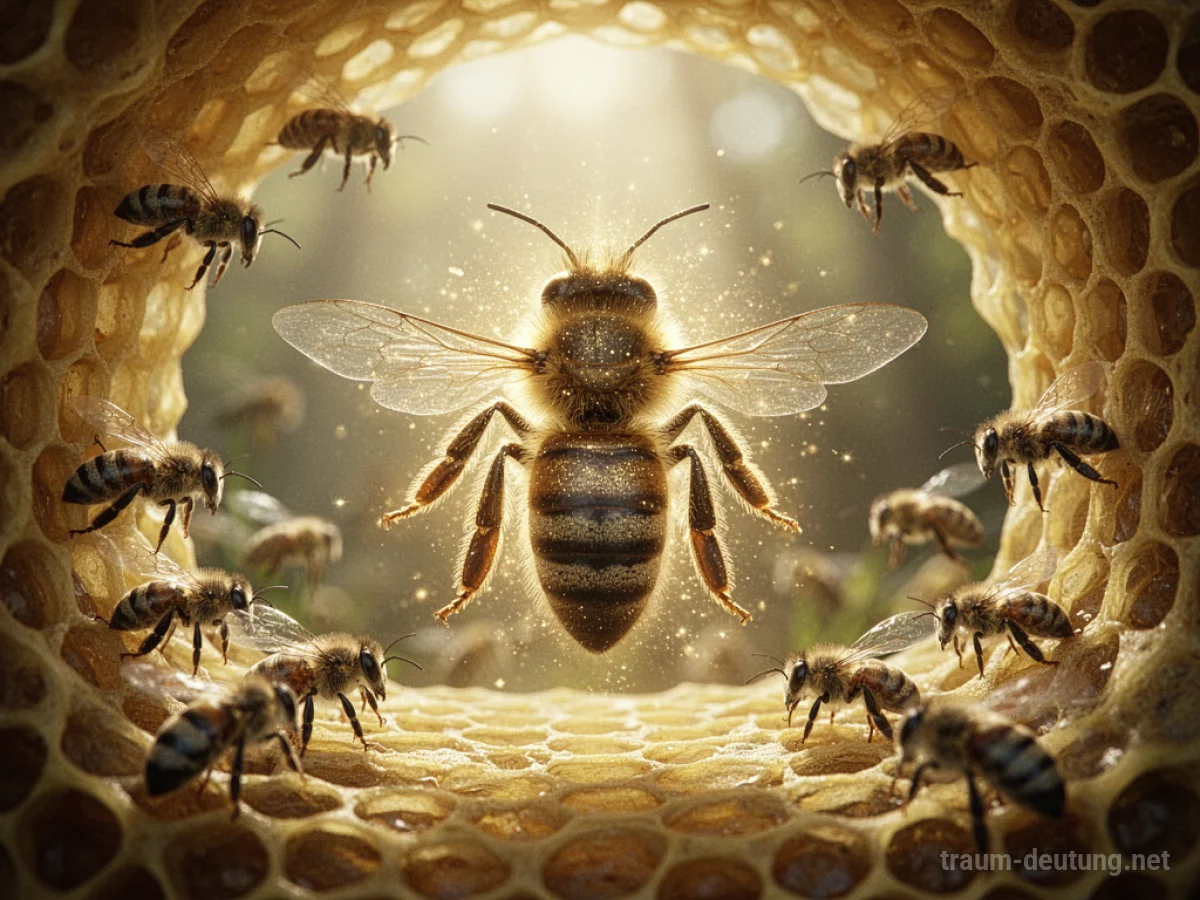 Königin Biene mit goldenem Schein, umgeben von anderen Bienen in einem hellen Bienenstock.