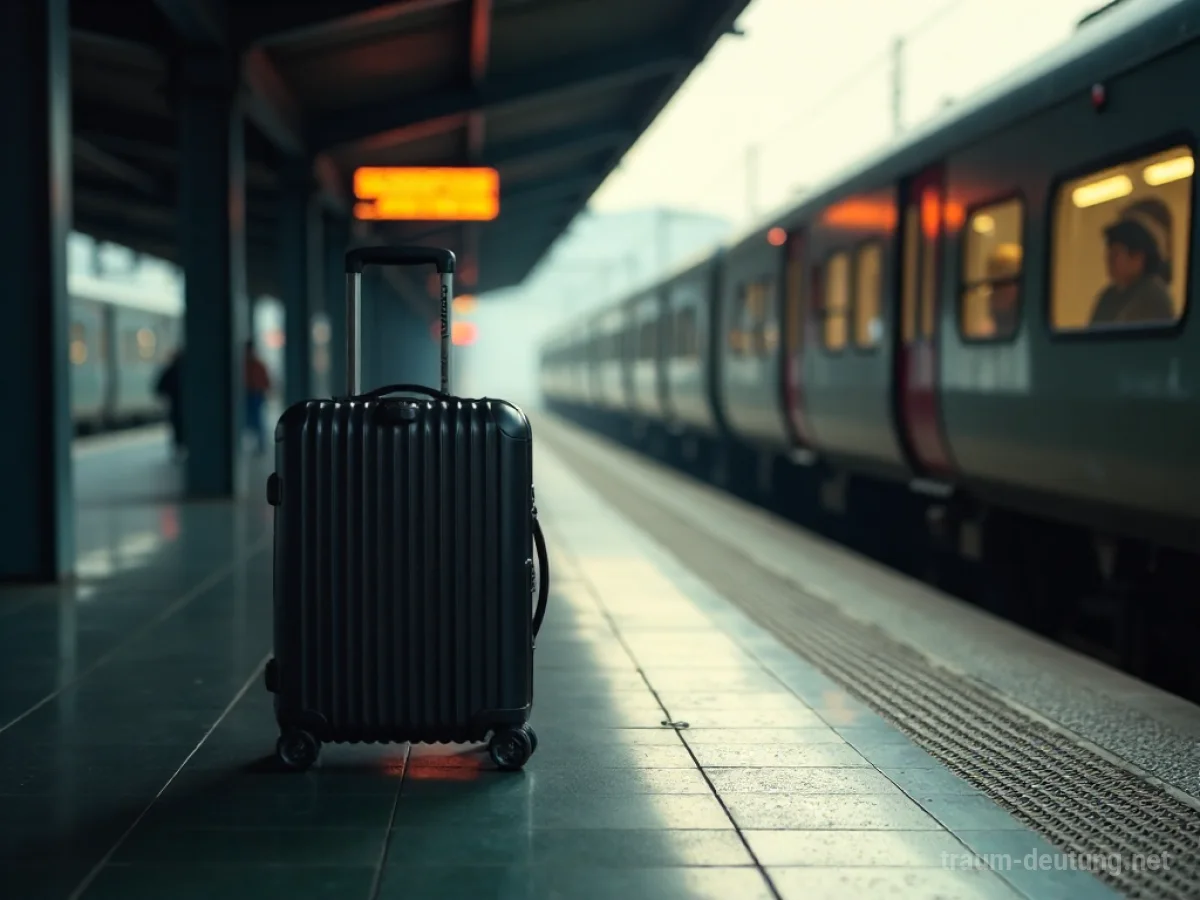 Ein einzelner Koffer steht auf einem leeren Bahnsteig, während ein Zug abfährt.