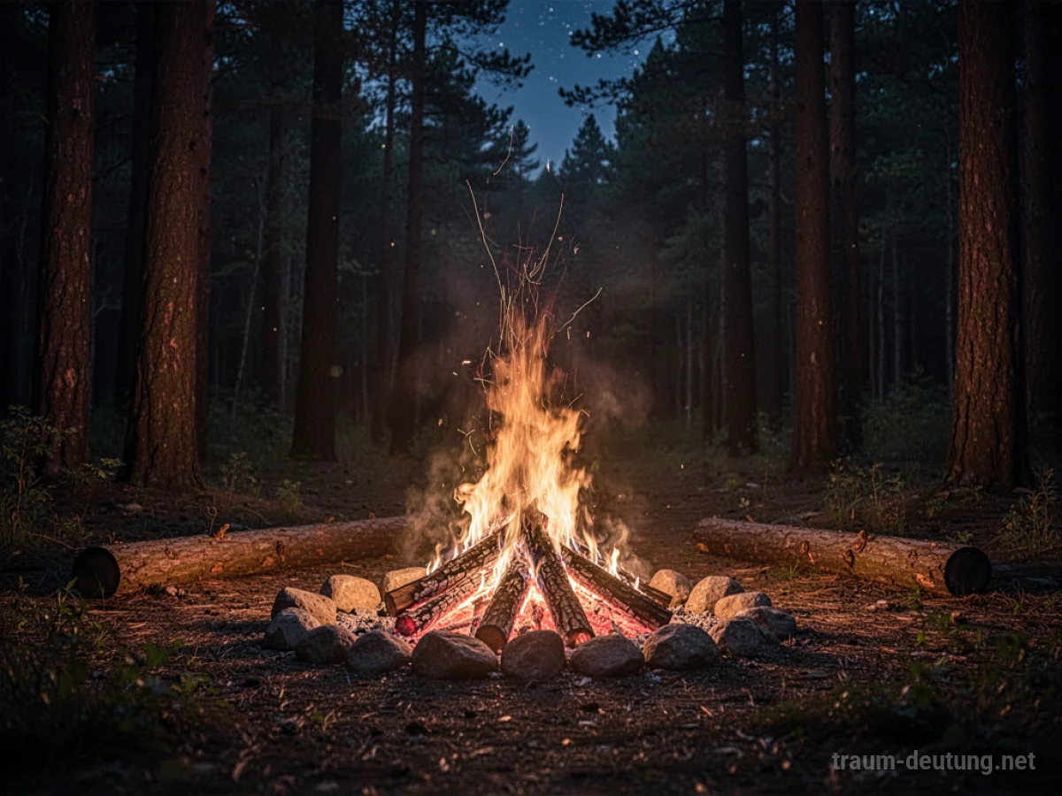 Ein kontrolliertes Lagerfeuer brennt hell im dunklen Wald.