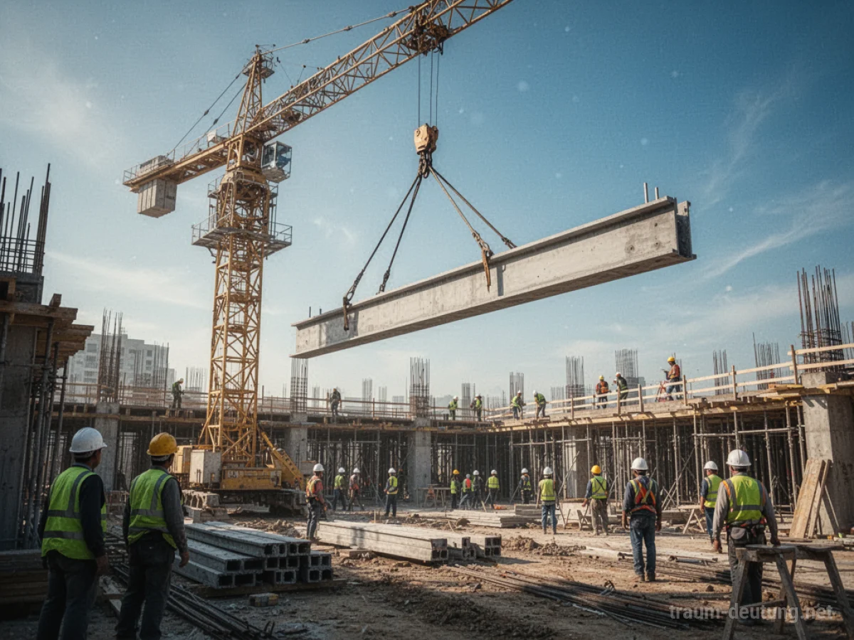 Ein Kran hebt ein Bauteil auf einer Baustelle.