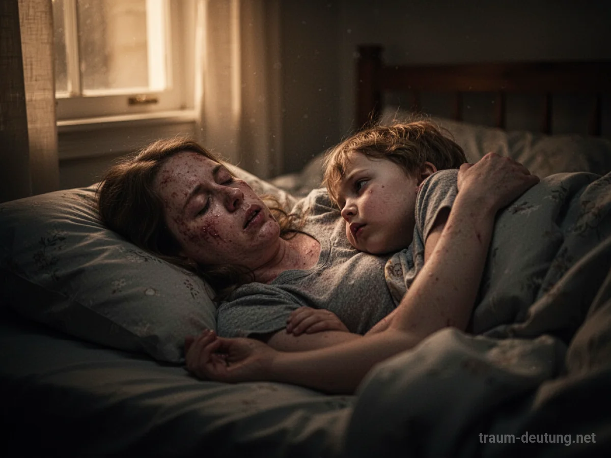Eine Person liegt schwach in einem dunklen Bett, von sanftem Licht erhellt.