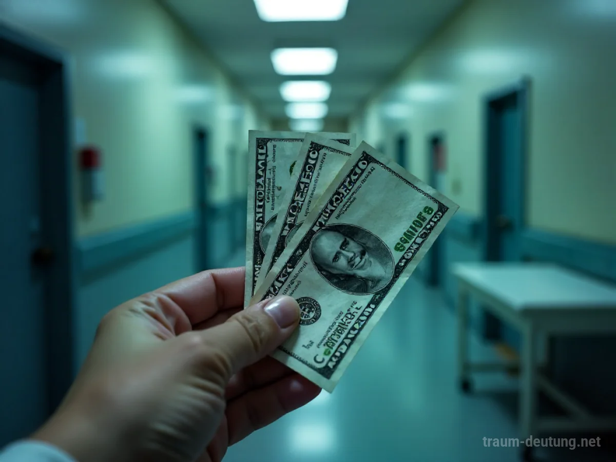 Eine Hand hält eine Krankenhausrechnung vor einem schwach beleuchteten Krankenhauszimmer.