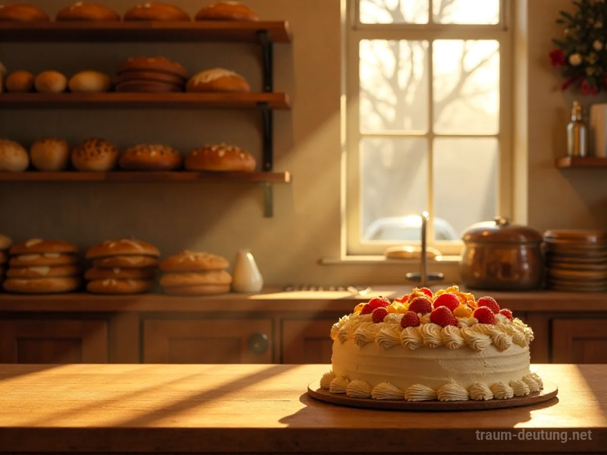 Eine gemütliche Backstube mit frischen Backwaren und einem Kuchen auf der Theke.