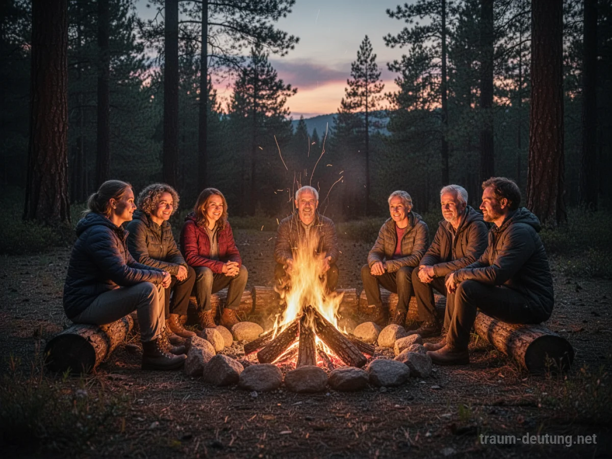 Menschen sitzen um ein Lagerfeuer im Wald bei Dämmerung
