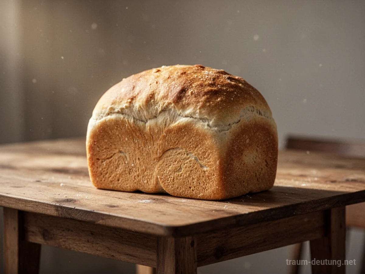 Ein goldbrauner Laib Brot auf einem Holztisch im warmen Licht.