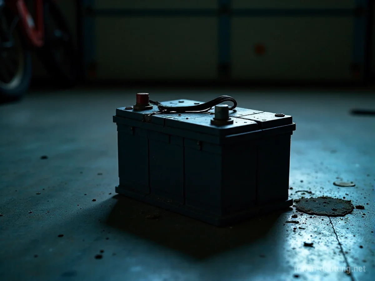 Leere Autobatterie in einer dunklen Garage