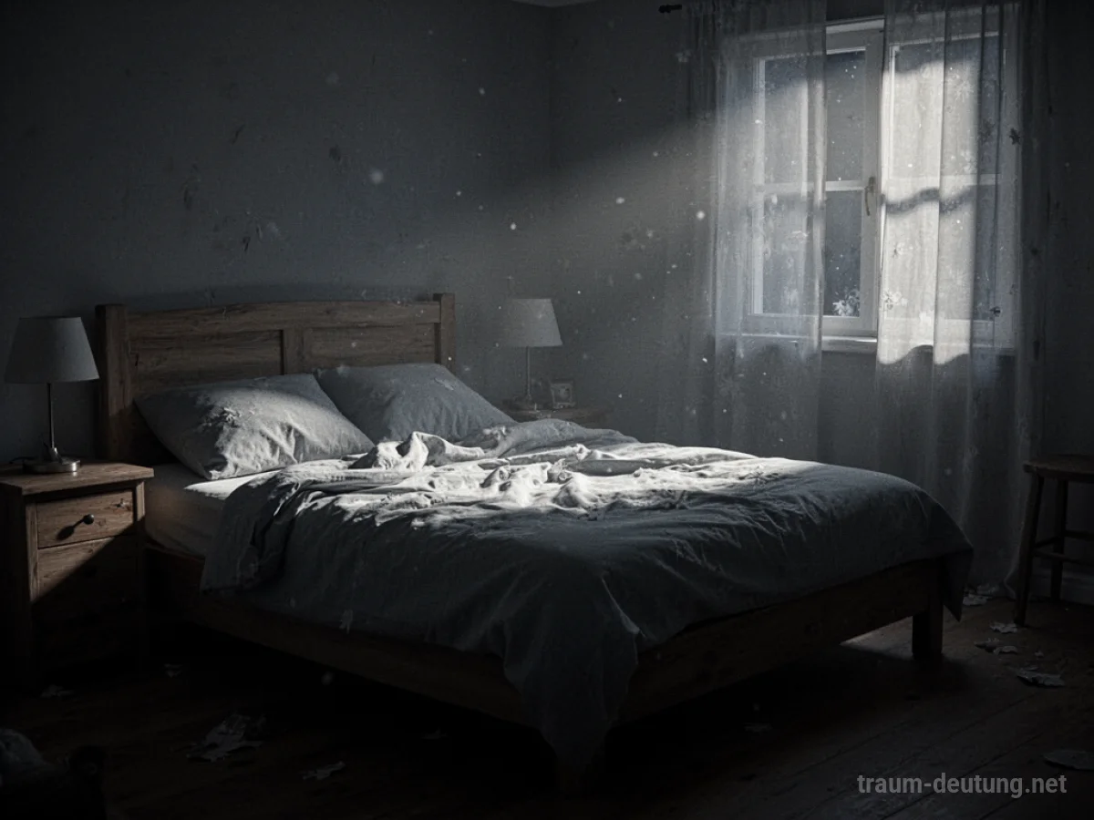 Ein leeres Bett in einem schattigen Schlafzimmer bei Mondlicht.