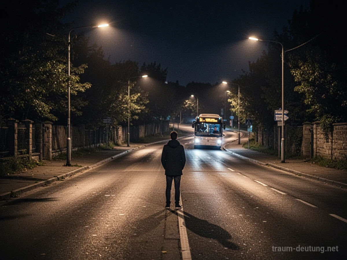 Eine Person steht nachts allein auf einer Straße und schaut einem wegfahrenden Bus nach.