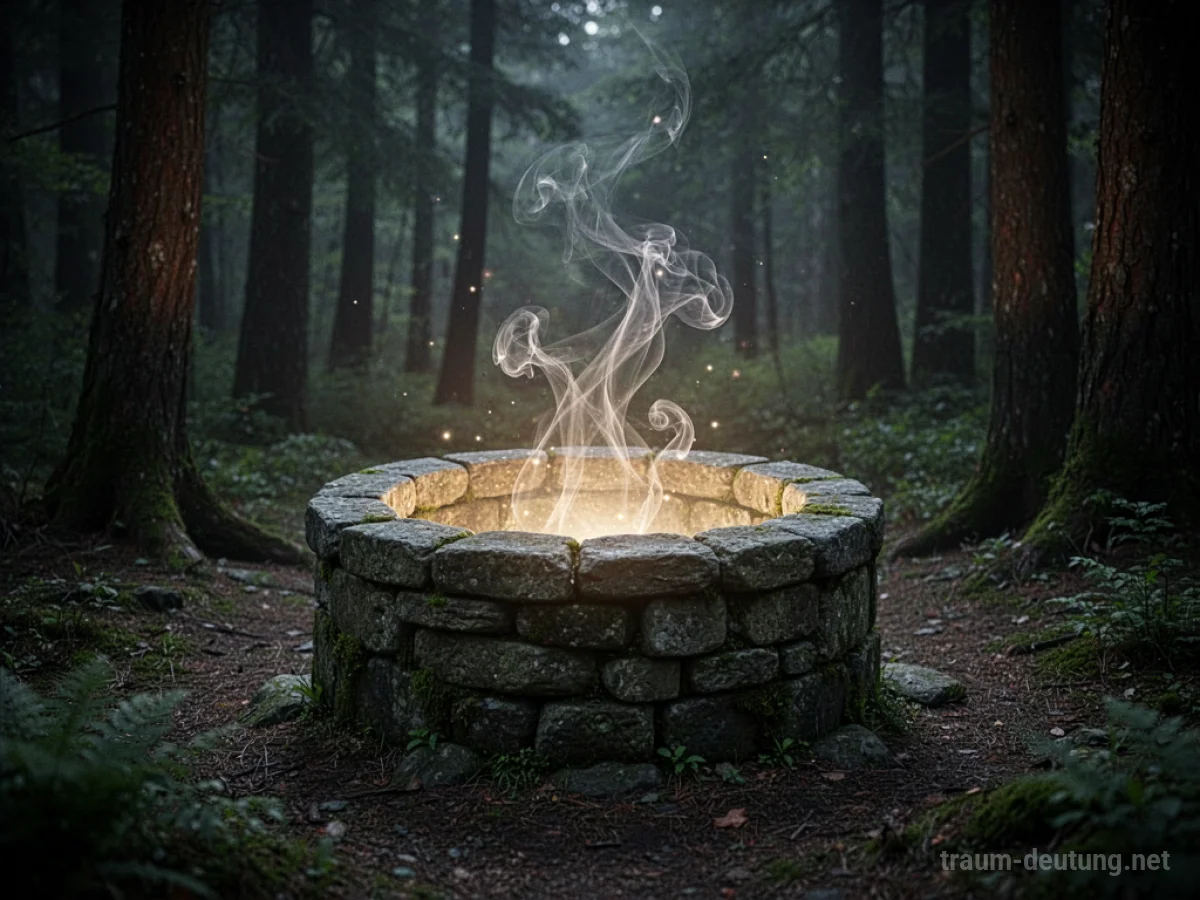 Ein Brunnen, der in einem dunklen Wald von innen heraus leuchtet