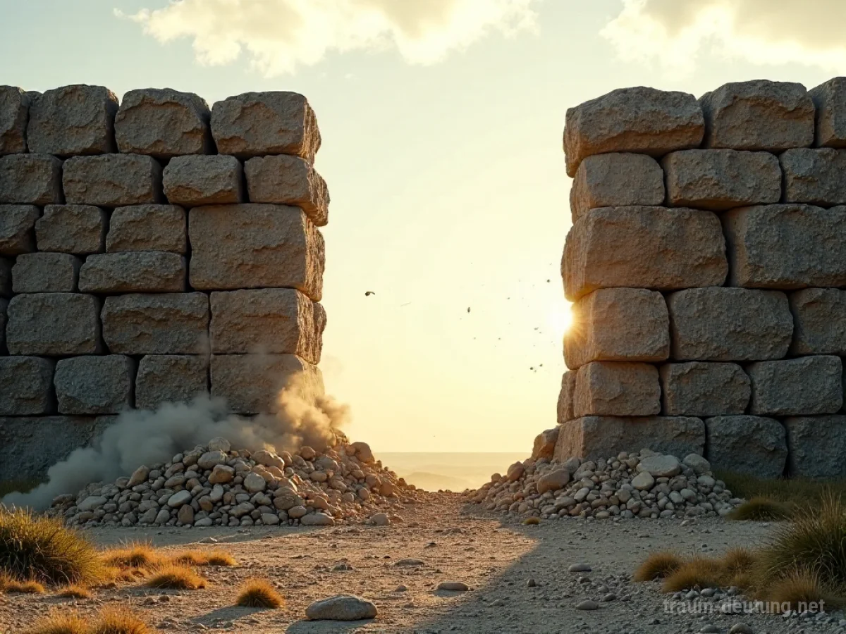 Eine zerfallende Steinmauer, die den Blick auf eine offene Landschaft freigibt