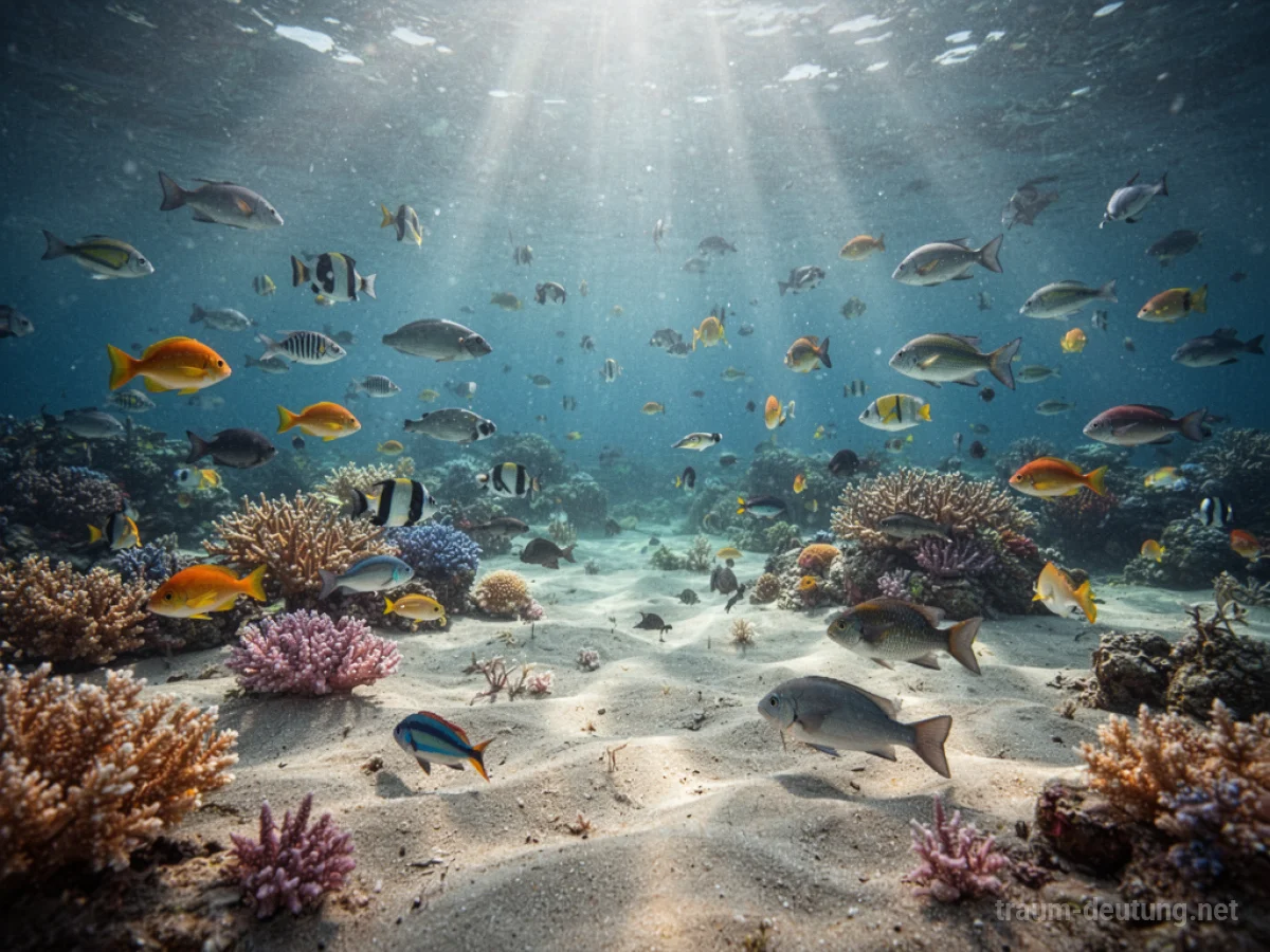 Blick auf den sandigen Meeresboden mit Korallen und Fischen