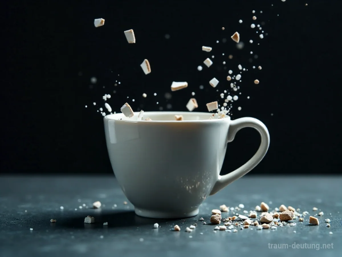 Ein zerbrochener Becher, dessen Scherben sich auf einer dunklen Oberfläche verteilen.