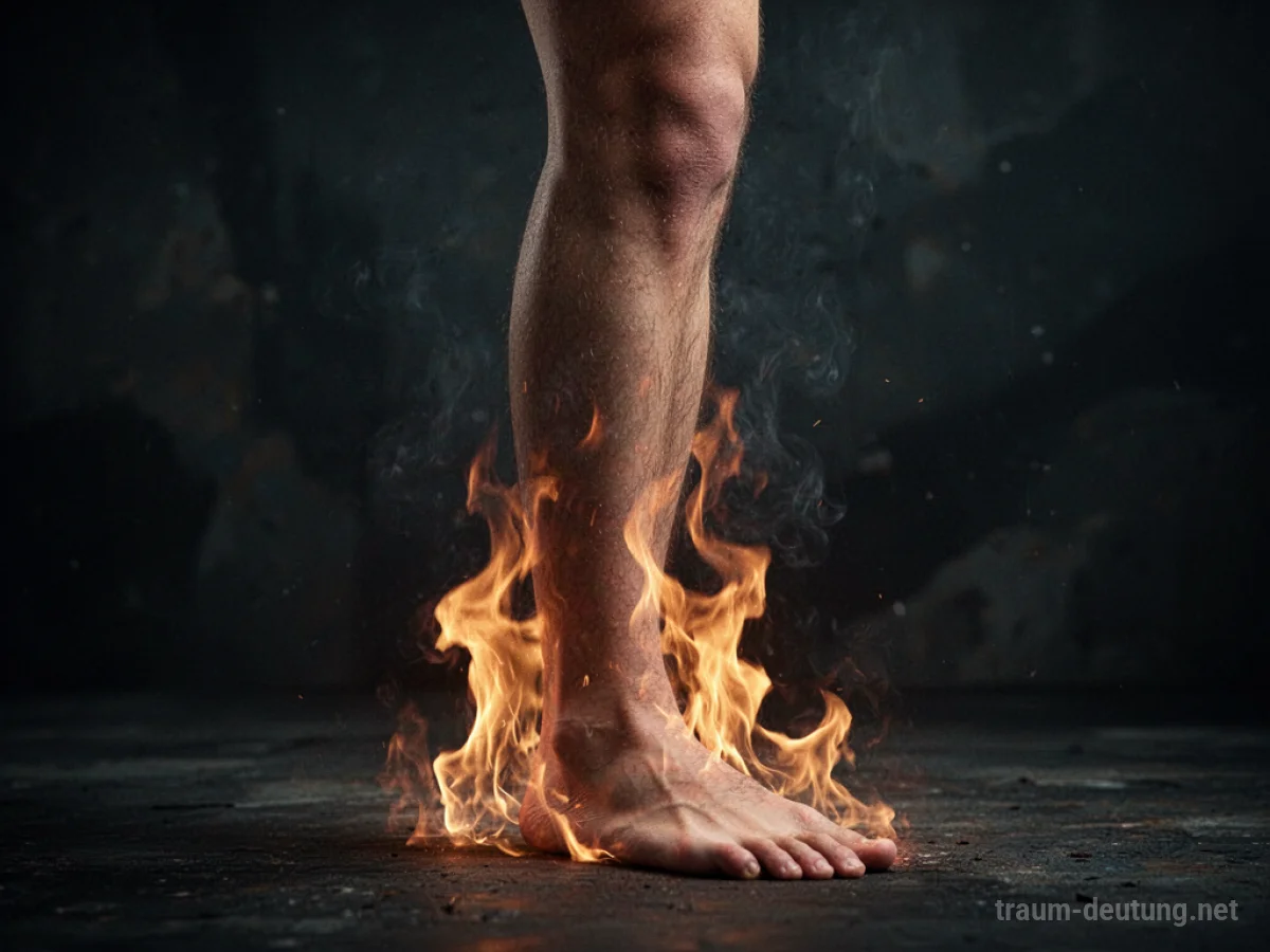 Ein Bein, um das symbolische Flammen aufsteigen, vor dunklem Hintergrund.