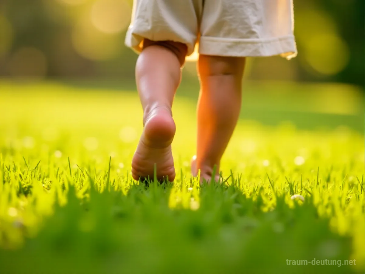 Kinderfüße laufen barfuß über grünes Gras in einem sonnigen Feld.