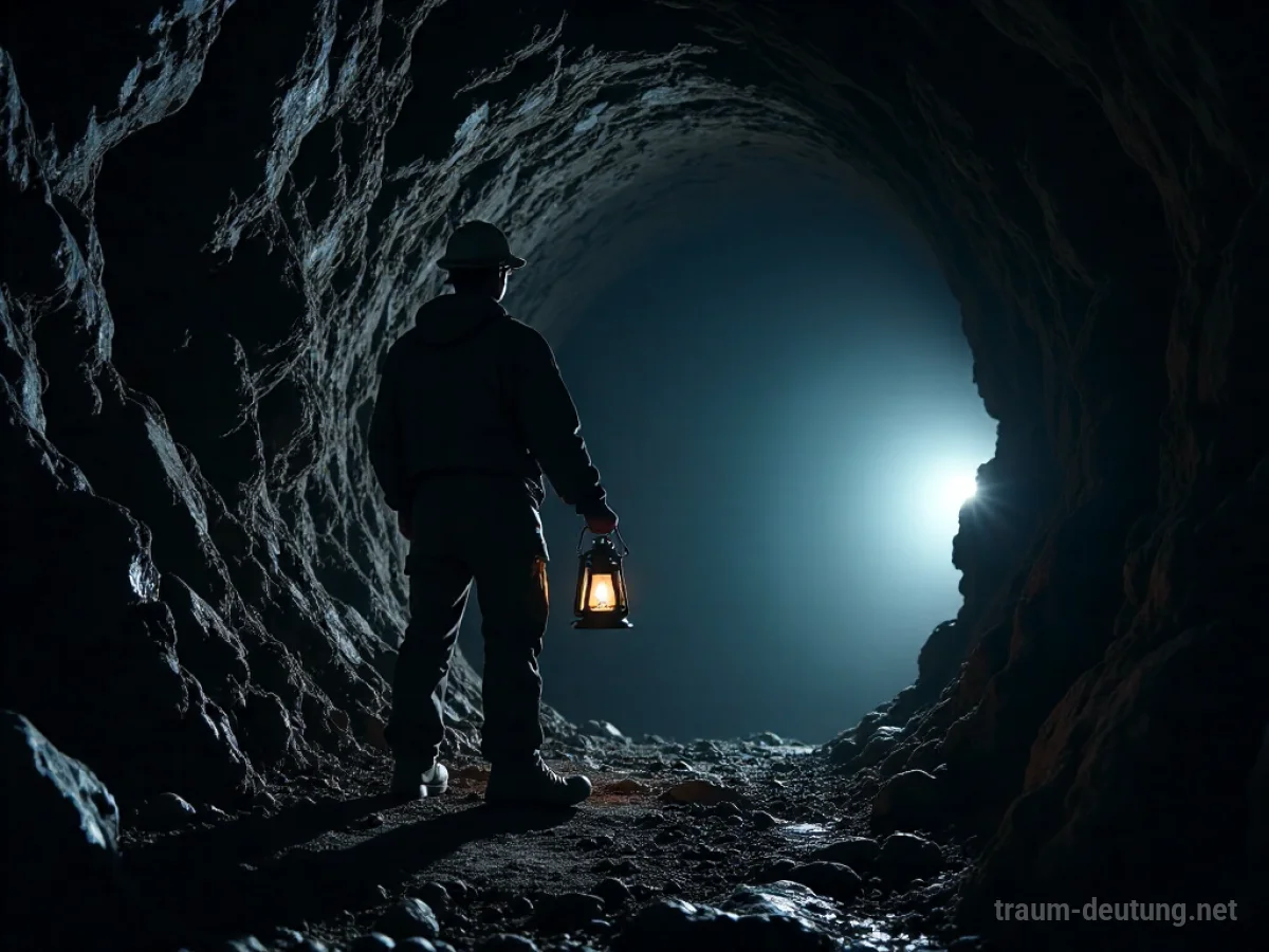 Silhouette eines Mannes in Bergmannskleidung vor einem dunklen Mineneingang