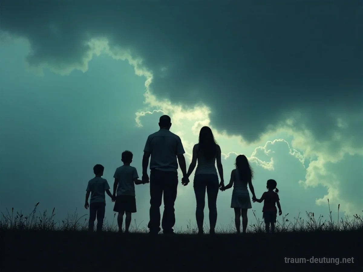 Eine Familie steht zusammen, Silhouetten vor einem stürmischen Himmel.