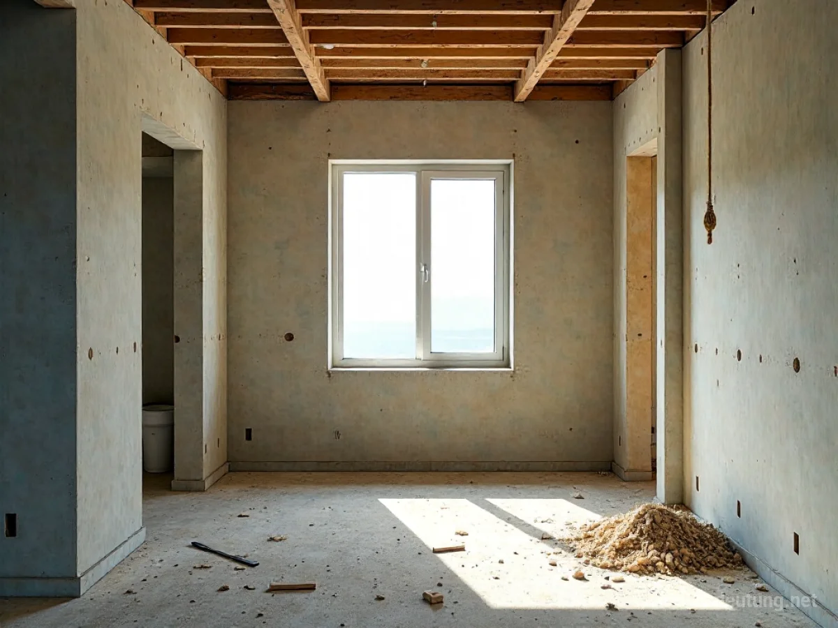 Eine Wohnung im Umbau mit offenen Wänden und Werkzeugen