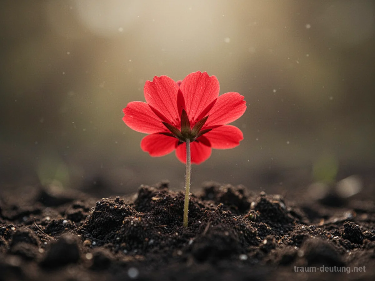 Eine einzelne rote Blume sprießt aus dunkler Erde im sanften Licht.