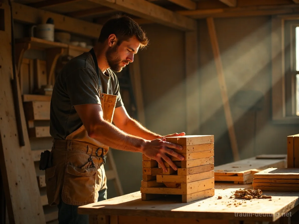 Hände legen Holz-Balken aufeinander, um eine Struktur zu bauen.