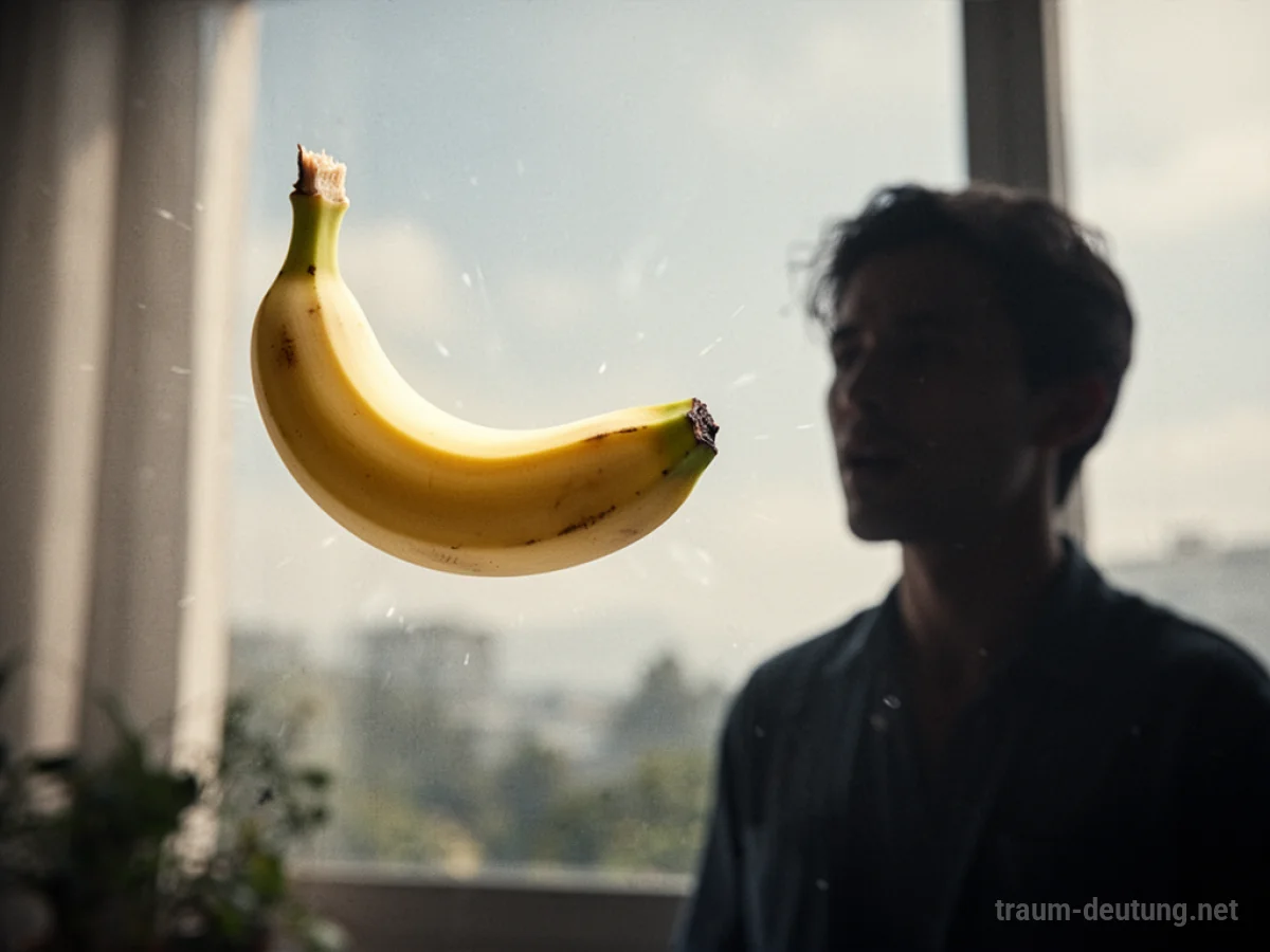 Eine stilisierte Banane fliegt auf eine Person zu.