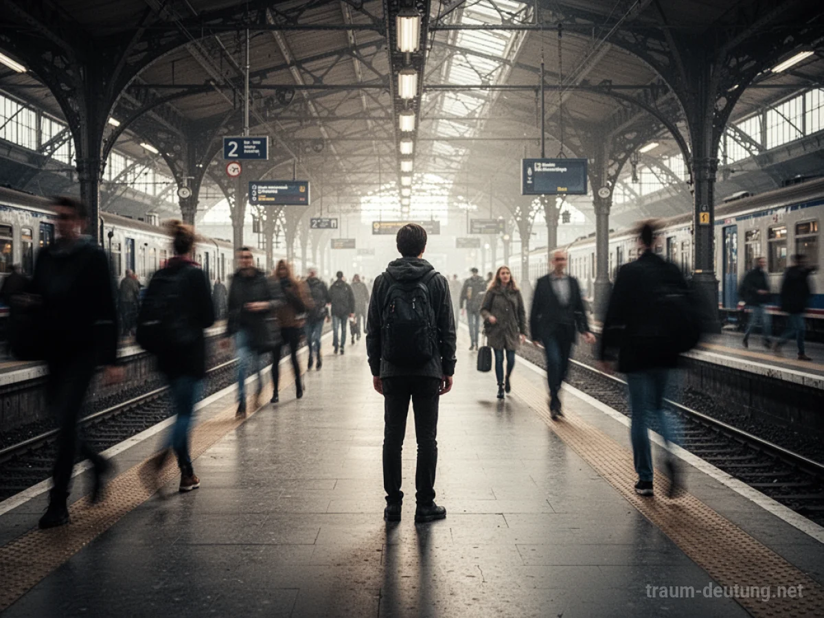 Eine Person spricht mit einem unscharfen Fremden auf einem belebten Bahnhof.