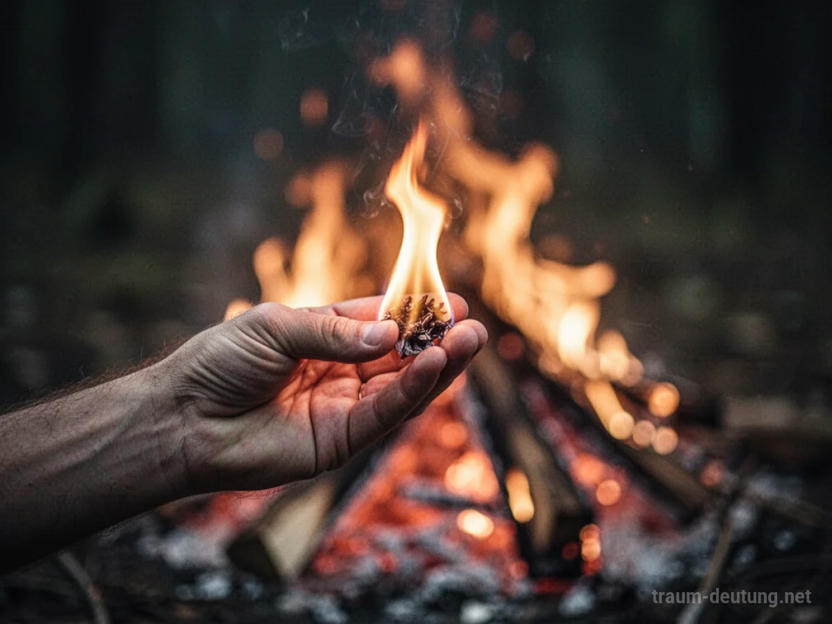 Hand hält kontrollierte Flamme, im Hintergrund flackerndes Feuer