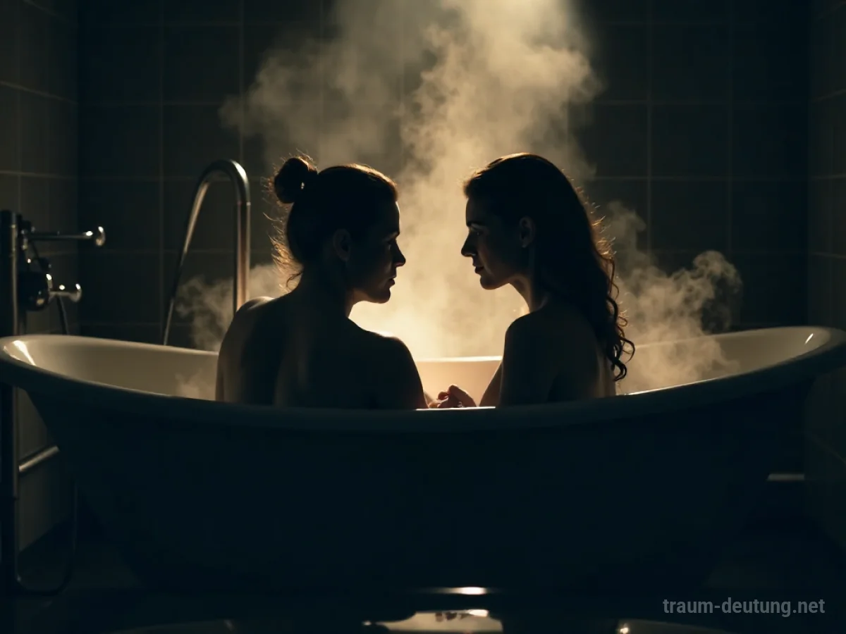 Zwei anonyme Silhouetten baden gemeinsam in einer Badewanne bei gedämpftem Licht.