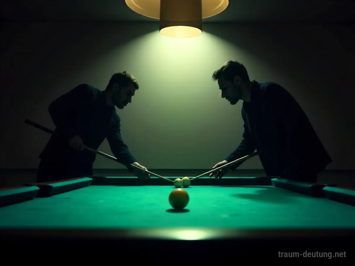 Zwei Silhouetten spielen Billard in einem schwach beleuchteten Raum.