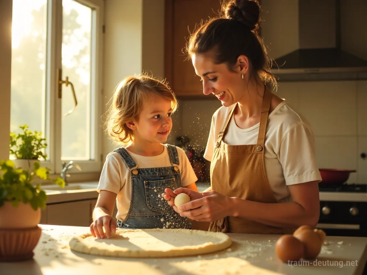 Mutter und Kind backen gemeinsam in einer hellen Küche